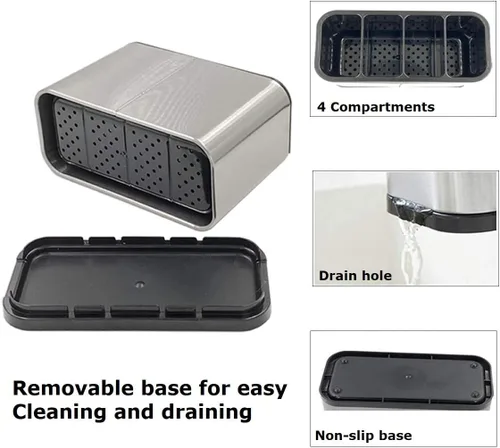Miniatura 3 de TESOT Organizador de cubiertos para utensilios con soporte para cucharas con 4 compartimentos divididos, acero inoxidable resistente, a prueba