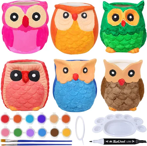 Miniatura 2 de Winlyn 6 juegos de macetas de cerámica para bonsáis con forma de búho, kit de pintura para manualidades, sin pintar, macetas de búho con orificio