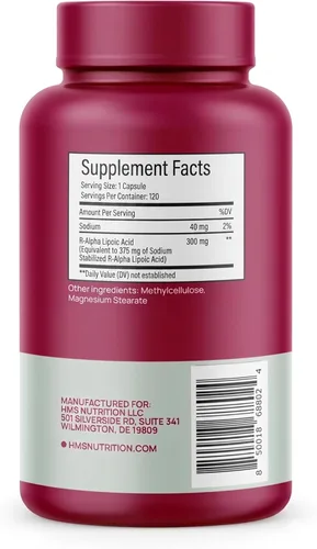 Miniatura 3 de HMS Nutrition Ácido R-lipoico 300 mg por cápsula, 120 unidades, 120 unidades, 4 meses de suministro de cápsulas vegetales