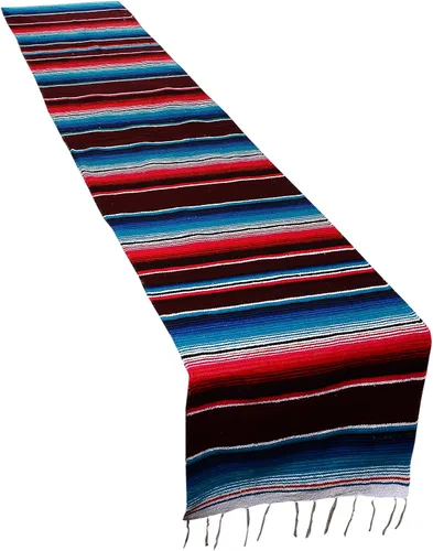 Miniatura 4 de Camino de mesa colorido a rayas fabricado en México 83x14 pulgadas.