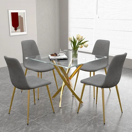 Miniatura 17 de Juego de mesa de comedor de cristal para 4, juego de mesa de cocina redonda dorada de 5 piezas con 4 sillas tapizadas negras, mesa de comedor