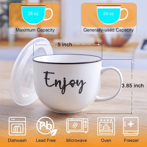Miniatura 2 de DAYYET Tazas de sopa con asas y tapas ventiladas, cuencos de sopa aptos para microondas de 26 onzas, juego de tazas de cerámica para avena durante