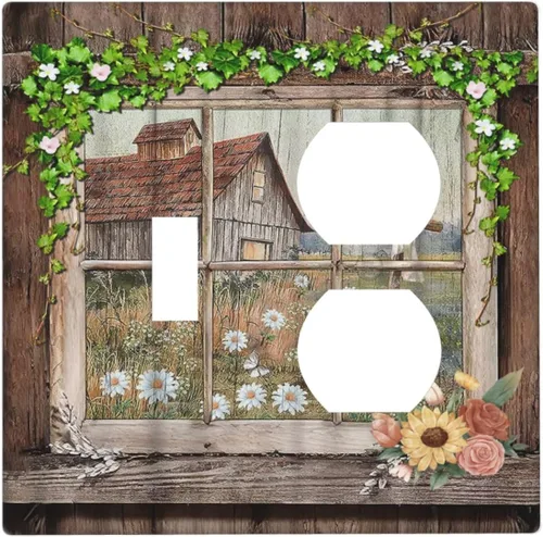 Miniatura 166 de Placa Cubierta de Interruptor de Luz de Palanca Individual con Diseño de Flor Botánica en Tablero de Madera Rústico Estilo Granja - Placa de Pared