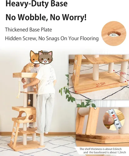Miniatura 9 de Árbol de madera para gatos grandes, torre moderna para gatos de 62 pulgadas de alto con casita y postes rascadores, fácil de limpiar, de alta