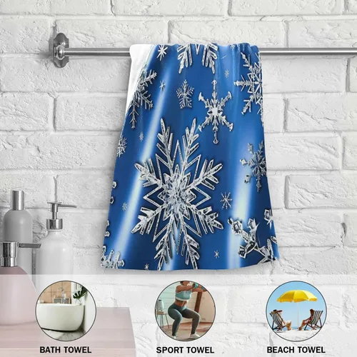 Miniatura 6 de Pfrewn Juego de 2 toallas de mano de copos de nieve azules de invierno, juego de 2 toallas de baño de nieve con purpurina brillante de zafiro de 16