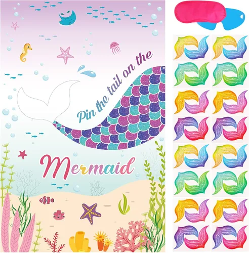 Juego de fiesta de cumpleaños de Hooqict Coloca la cola en la sirena Juego de fiesta bajo el mar Favores para niños Suministros de decoración de