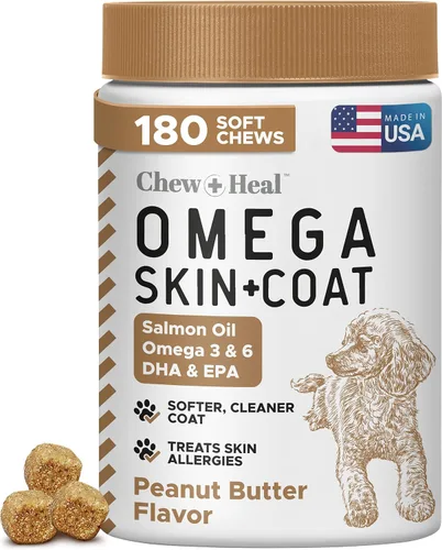 Omega para perros – 180 deliciosos masticables suaves – Golosinas de aceite de salmón para la piel y el pelaje, alivio de la picazón – Mezcla de