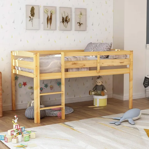 Miniatura 7 de Cama alta baja para niños, cama alta junior con escalera, cama alta de madera individual para niñas y niños, no necesita somier, nogal
