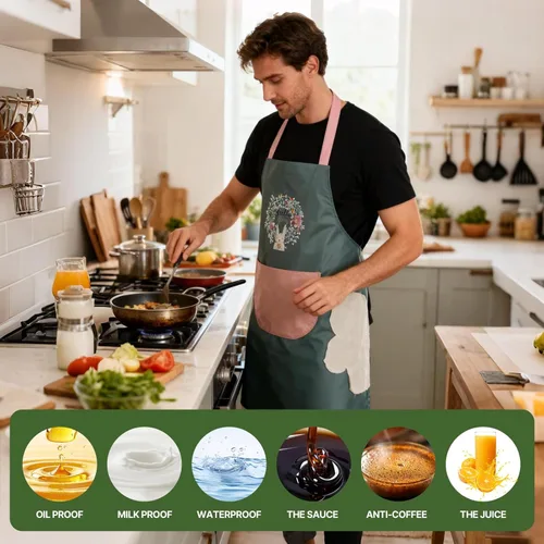 Miniatura 2 de DILLMAN Delantal de cocina para mujer con bolsillos para limpiar las manos, bolsillo grande, limpieza a mano, impermeable para cocinar y hornear Azul