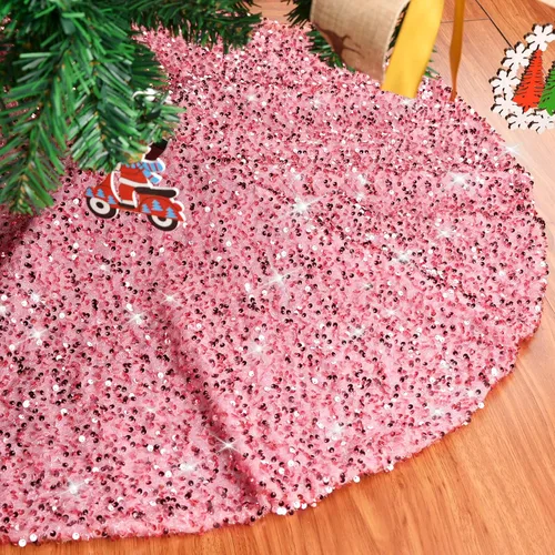 Miniatura 4 de yuboo Falda de árbol de Navidad de lentejuelas rosas de 48 pulgadas, falda de árbol de Navidad con purpurina rosa rubor para una amplia gama
