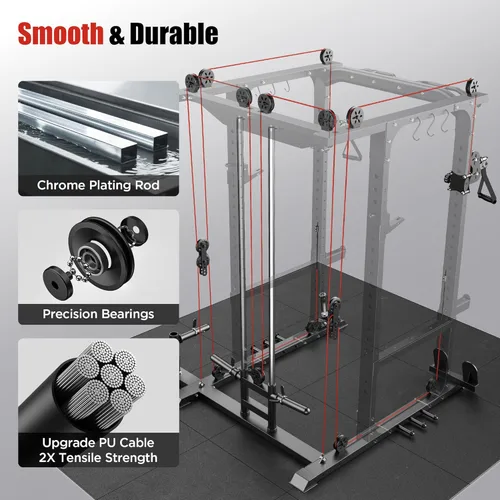 Miniatura 4 de Sportsroyals Jaula de Potencia, Rack de Potencia Multifuncional de 1600 libras con Sistema de Cruce de Cable Ajustable y Más Accesorios de Rojo/negro