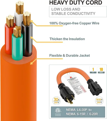 Miniatura 7 de Enchufe de bloqueo giratorio Nema L6-30P de 30 amperios macho a adaptador de hoja T 6-20R, generador STW 12-AWG 30A 250V 250V 6-20/15R, adaptador