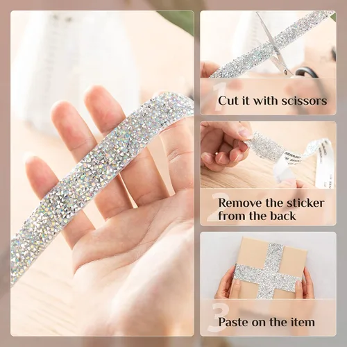 Miniatura 5 de 4 rollos de cinta de diamantes de imitación de cristal, cinta autoadhesiva con diamantes de imitación, envoltura de diamantes para manualidades