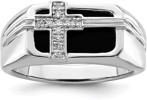 Anillo de cruz de ónix negro con diamantes de plata de ley para hombre