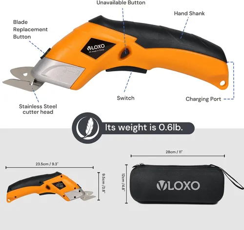 Miniatura 7 de VLOXO Tijeras eléctricas, cortador de cartón inalámbrico, tijeras de tela eléctrica, mini cortador de caja con cuchillas, multiherramienta Amarillo