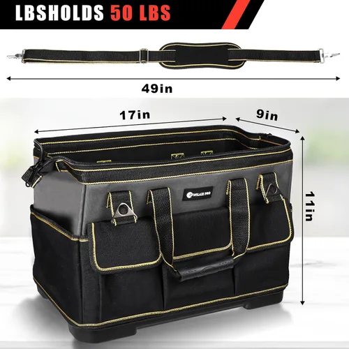 Miniatura 6 de Bolsa de herramientas de 17 pulgadas para hombres con base moldeada impermeable, bolsa de boca ancha de alta capacidad, bolsas de herramientas