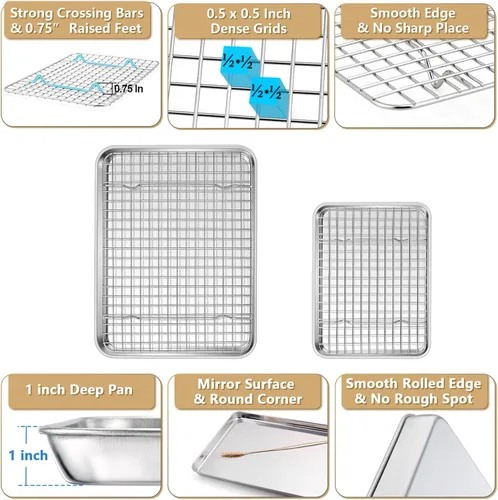Miniatura 3 de P&P CHEF Molde para horno tostador de 12.5 + 9 pulgadas con juego de estante, bandeja de acero inoxidable para hornear y rejilla de enfriamiento