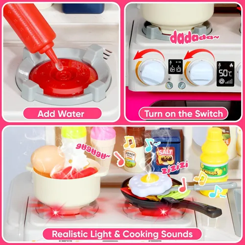 Miniatura 5 de Juego de cocina para niños, cocina de juego de 36.22 pulgadas para niños pequeños de 1 a 3 años con vapor, sonido y luz, estufa de cocina