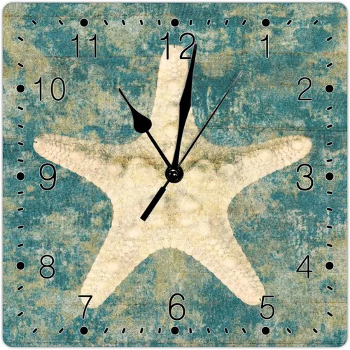 Miniatura 8 de Reloj de pared silencioso sin tictac con temática de playa, océano, colorido, tortuga marina, reloj de pared cuadrado estilo rural costero toscano