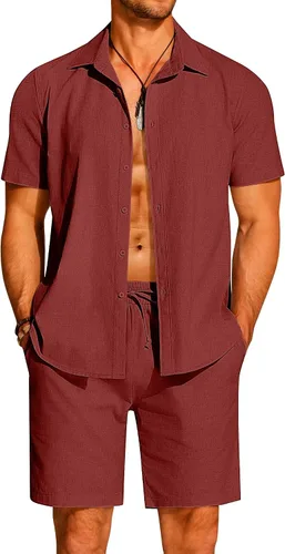 Miniatura 9 de COOFANDY Conjunto de 2 piezas de algodón y lino para hombre, camisas de manga corta con botones, pantalones cortos de playa de verano, trajes