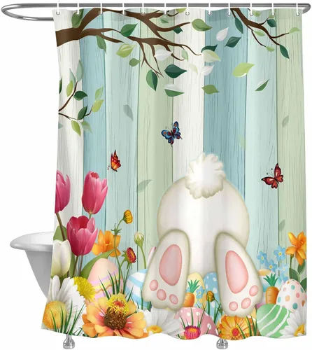 Miniatura 22 de LooPoP Cortina de ducha de Pascua con ganchos, tela impermeable, diseño de flores, zanahoria, conejo, juego de cortinas de ducha para baño, bañeras