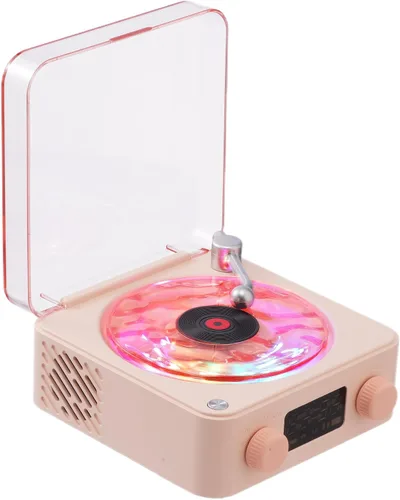 Waves - Altavoz Bluetooth de vinilo rosa, mini tocadiscos con sonido oceánico, ruido blanco, altavoces Bluetooth retro, lindos con luz y