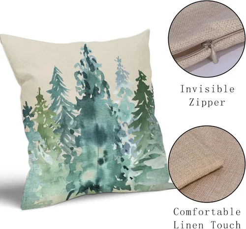 Miniatura 4 de Juego de 2 fundas de almohada de árbol azul verde acuarela de 22 x 22 pulgadas, estilo rústico, estampado de bosque natural, almohadas decorativas