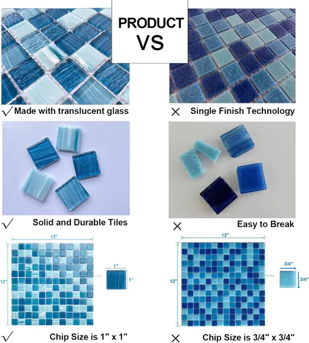 Miniatura 4 de LSDECO 5 hojas de azulejos de mosaico de vidrio, azulejos de piscina, azulejos de cocina de 12 x 12 pulgadas, azulejos de vidrio para pared de baño