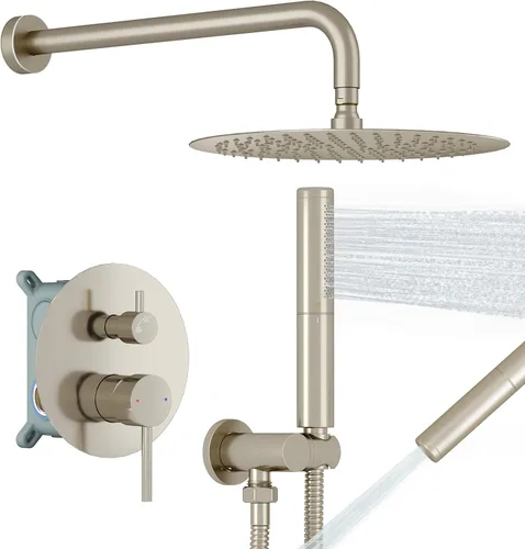 Miniatura 12 de BESy Sistema de ducha con cabezal de ducha de lluvia redondo de 10 pulgadas y montaje en pared de mano, juego combinado de grifo de ducha de lluvia