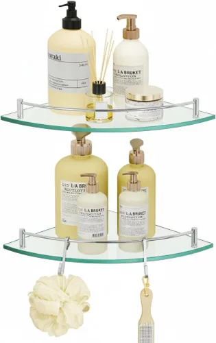 Miniatura 15 de KES Estante para esquina de vidrio para baño con barandilla de vidrio templado y soporte de pared flotante SUS 304 de acero inoxidable en oro Oro