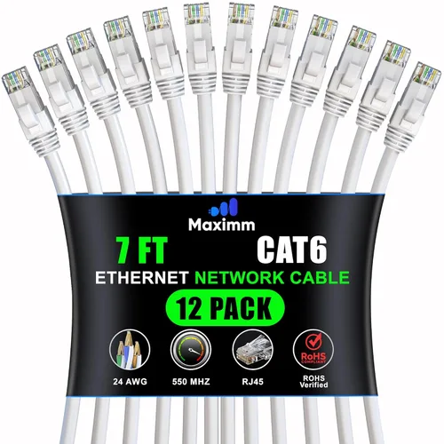 Miniatura 80 de Maximm Cable Ethernet Cat 6 – 7 pies (paquete de 12), LAN de alta velocidad, Internet, parche y cable de red, UTP, 10 Gbps, 550 MHz, color azul