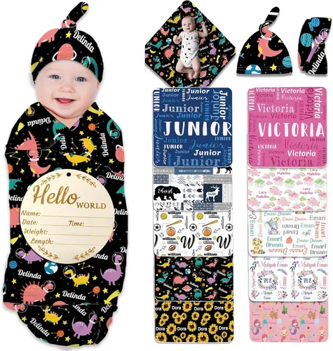 Miniatura 10 de Manta de bebé personalizada para niña y niño, manta de recepción con nombre personalizado con diadema de lazo y sombrero, regalos personalizados
