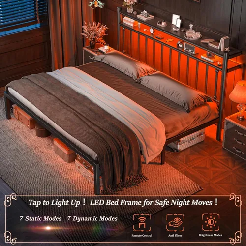 Miniatura 3 de Homkdom Base de cama de metal tamaño King de 14 pulgadas y cabecera de almacenamiento de 2 niveles, marco de cama victoriano tamaño King con Negro
