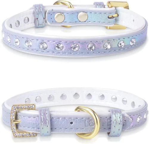 Miniatura 8 de Collar para perro de cuero brillante con diamantes de imitación tachonados, accesorio glamoroso de hebilla dorada para perros pequeños a medianos