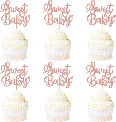 Miniatura 8 de Ercadio Paquete de 24 adornos para cupcakes y selecciones para baby shower y fiestas infantiles, decoraciones negras con purpurina