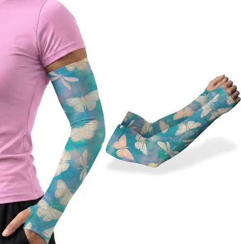 Miniatura 13 de ARMORAY Mangas de brazo para hombres y mujeres, protección solar UV, cubierta de tatuajes, manga deportiva para golf, correr, fútbol verde celestial
