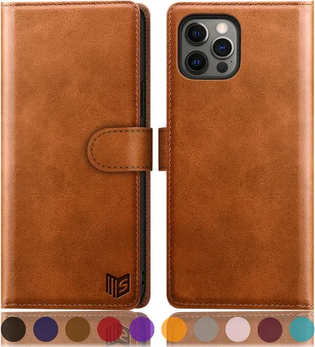 SUANPOT Funda de piel tipo cartera para iPhone 12 Pro Max con bloqueo RFID, tarjetero de crédito, libro de folio magnético de poliuretano para