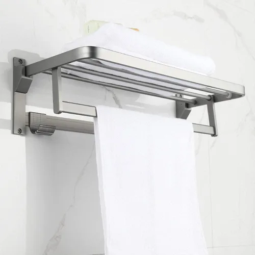 Miniatura 2 de ICOBES Toallero de barra de toalla sin perforación, toallero montado en la pared con gancho adhesivo plegable espacio de aluminio para baño