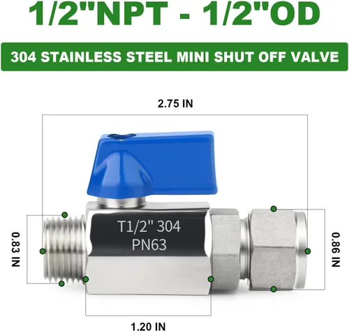 Miniatura 2 de TAISHER 1PCS 304 de compresión de acero inoxidable mini válvula de bola interruptor de apagado, tubo de 1/2 "OD x 1/2" NPT macho