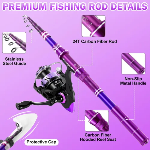 Miniatura 2 de Combos de caña de pescar y carrete, kit de caña de pescar telescópica de fibra de carbono con carrete giratorio, línea de pesca, señuelos de pesca