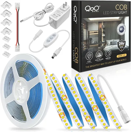 Tira de luces LED COB blancas, 16.4 pies, regulable, 4000 K, blanco natural, 910 LED de 24 V, luces LED flexibles para dormitorio, cocina, luces