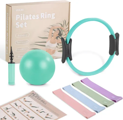 Kit de equipo de pilates para el hogar: incluye un anillo de pilates de 14 pulgadas, una bola de pilates de 9.8 pulgadas, 5 bandas de resistencia y