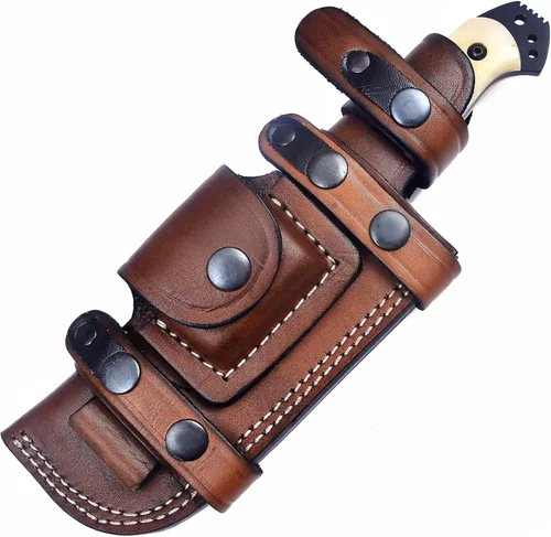 Miniatura 14 de Ottoza Cuchillo de caza de hoja fija con funda de cuero y transporte horizontal, cuchillo de supervivencia y campamento al aire libre de espiga