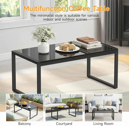 Miniatura 6 de ONBRILL Mesa de café rectangular con escritorio de vidrio templado, mesa de café para exteriores con marco galvanizado y pies ajustables para patio