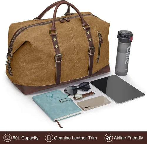 Miniatura 15 de S-ZONE - Bolsa de viaje de lona sobredimensionada con adornos de cuero genuino, bolsa deportiva de hombro de fin de semana, bolso de fin de semana