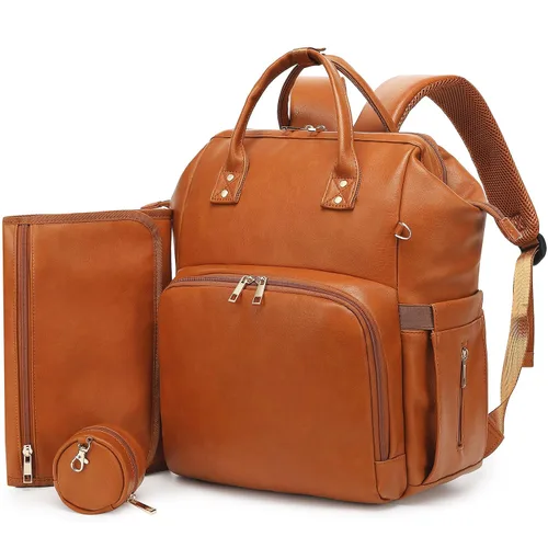 ROSEGIN Mochila para pañales de piel vegana prémium con cambiador impermeable - Costuras y cremalleras reforzadas, bolsa de bebé para niño y niña,