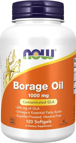 NOW Foods Suplementos, Aceite de Borraja 1000 mg con 240 mg de GLA (Ácido Gamma Linolénico), 120 Cápsulas Blandas