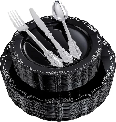 DaYammi 150 platos de plástico negro plateado y cubiertos de plástico plateado, platos desechables de plata negra para incluir 30 platos llanos, 30