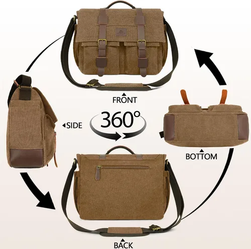 Miniatura 5 de Bolsa tipo mensajero para hombre, bolsa para laptop de 15.6 pulgadas, bolsa vintage de lona encerada, resistente al agua, maletín de cuero