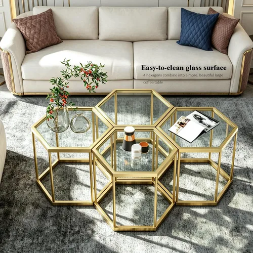 Miniatura 4 de Mesa auxiliar modular hexagonal, marco chapado en oro, parte superior de vidrio templado, mesa auxiliar geométrica, mesa anidable multiusos